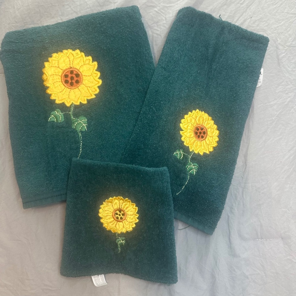 Vintage Cannon Sunflower Embroidered Towel Set 3pc Forest Green 100% Cotton USA